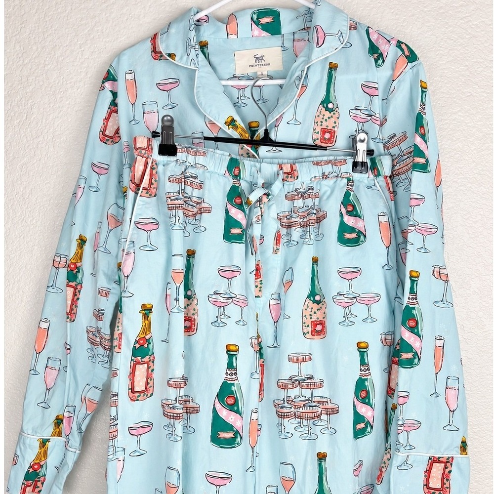 Printfresh Pajama Set S Tall Champagne Bottle Print 100% Organic Cotton Blue PJs